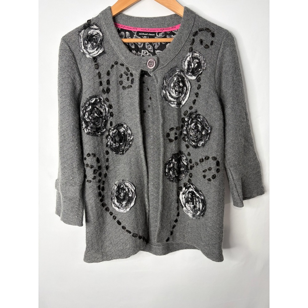VTG Michael Simon Cardigan Sweater Sz L Floral 3D Rose Angora Cashmere Retro Y2K